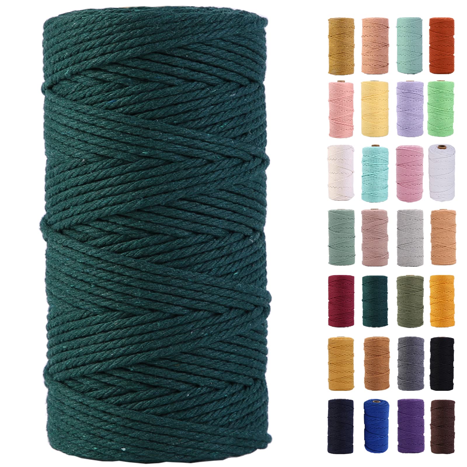 Deep Green Macrame Cord 3mm x 109Yards, Cotton Rope for Wall Hanging, Plant Hangers, Crafts, Decorative Projects - Soft Colorful Twine
