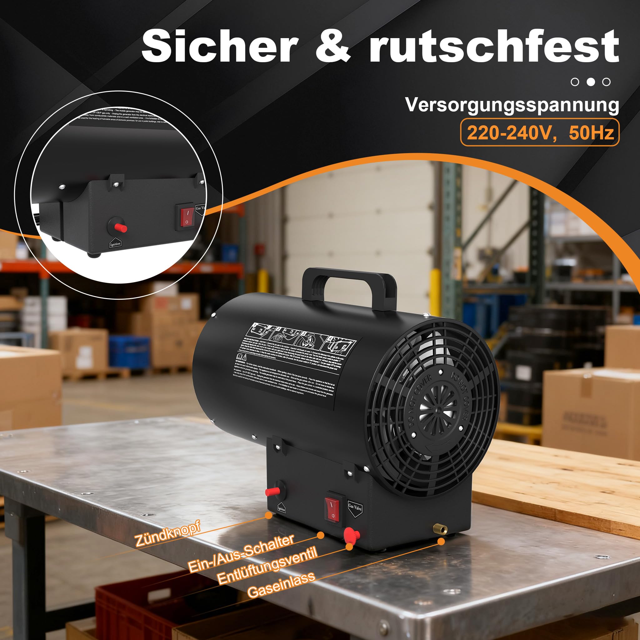 NAIZY Gasheizung für innenräume 15KW Gasheizgebläse mit 1.4m Gasschlauch und 700 mbar Druckminderer, 320 m³/h Luftdurchsatz Gasheizstrahler für Baustellen Garage Lagerräumen