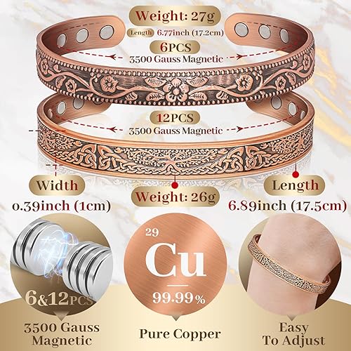 Vista 4 de Brazalete de cobre para mujer, pulsera magnética con 3500 imanes Gauss, joyería de cobre 100% puro con caja de regalo (juego de 2) Árbol de cobre