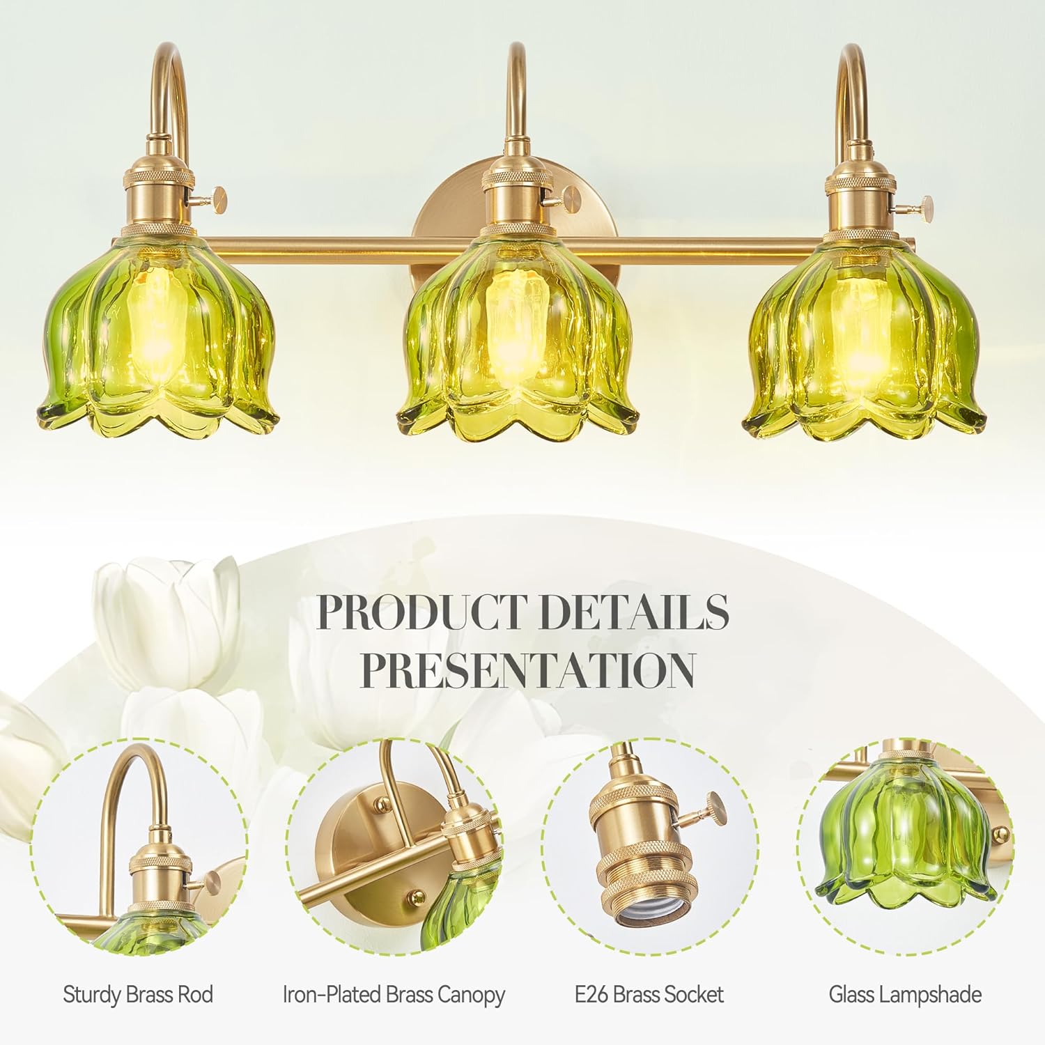 3-Light Vintage Bathroom Light Fixtures, 19.4" Hardwired Vanity Lights with Green Tulip Glass Shades, Brushed Gold Antique Wall Lights for Mirror Restroom Bedroom Living Room(Bulbs Not Included)