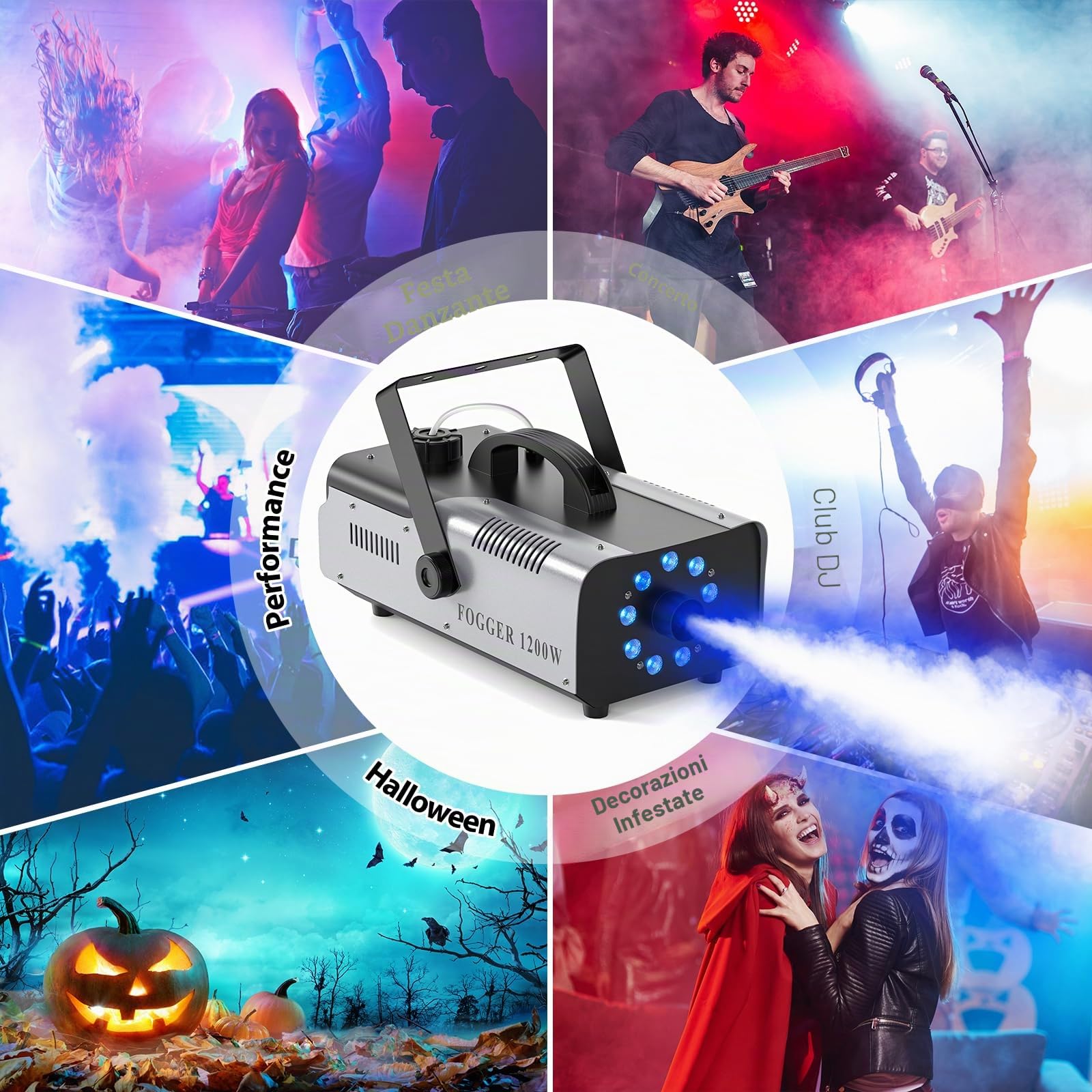 Macchina del Fumo 1200W 9 RGB LED Portatile Macchina del Fumo con Telecomando Wireless per Feste DJ Bar Club Spettacoli Teatrali Matrimonio Halloween