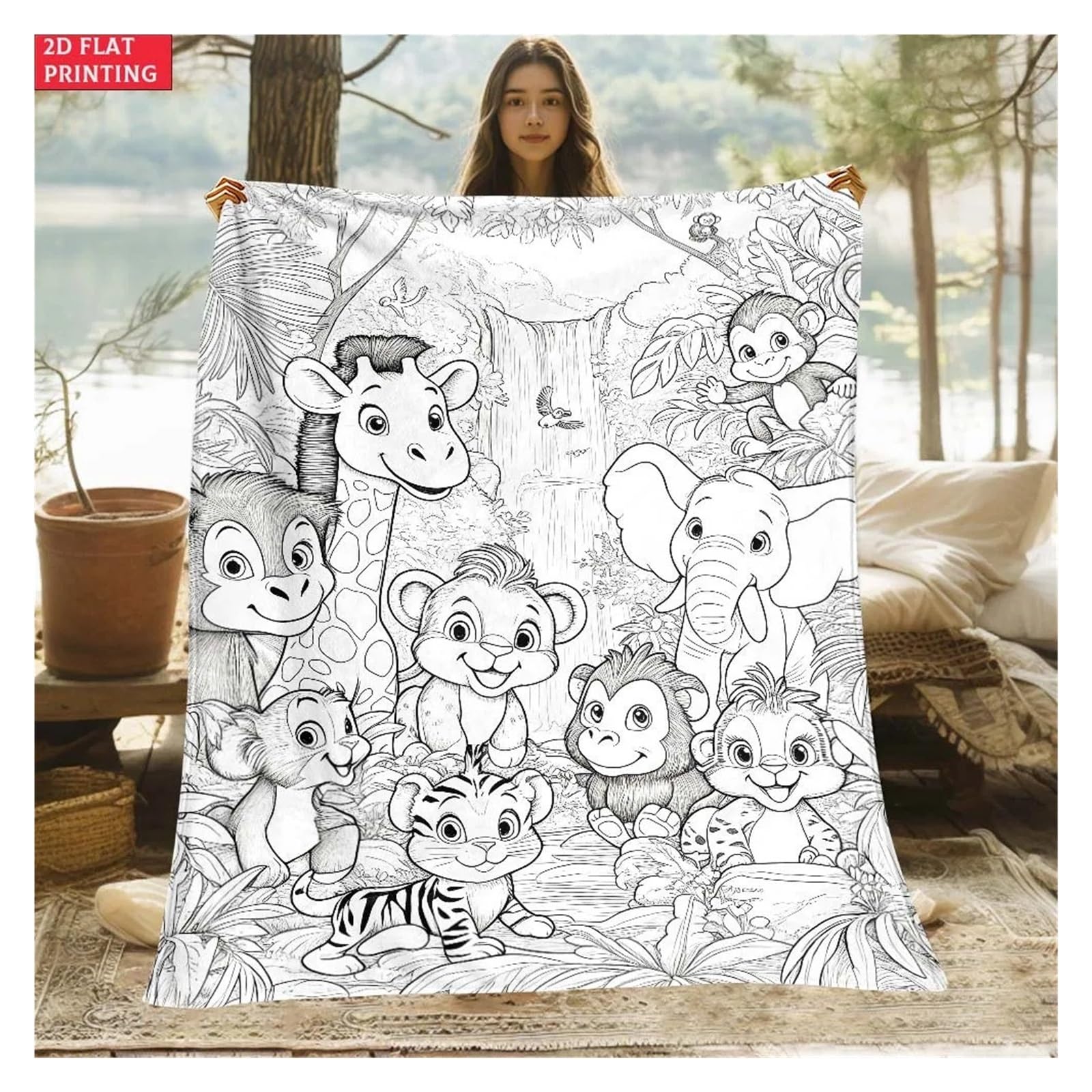 coperta da colorare Simpatica coperta da tiro in stile libro colorare con animali della giungla(180x220cm70x86in)