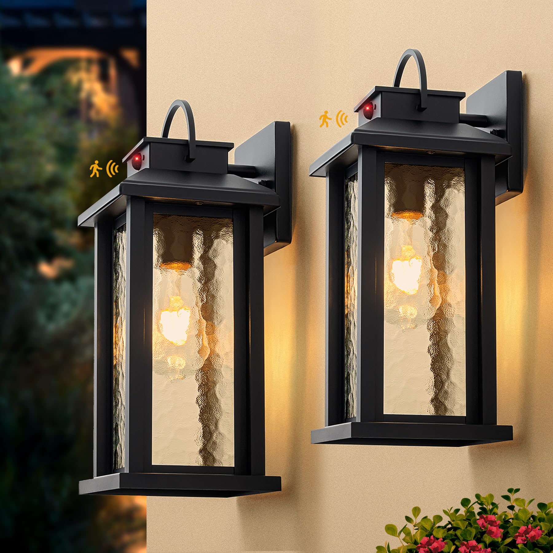 2 Pack Motion Sensor Outdoor Lights, Matte Black Dusk to Dawn Porch Lights Outdoor Light Fixture with Water Glass, 3 Lighting Modes Exterior Lighting Fixtures, Waterproof Outside Light for House-image-6