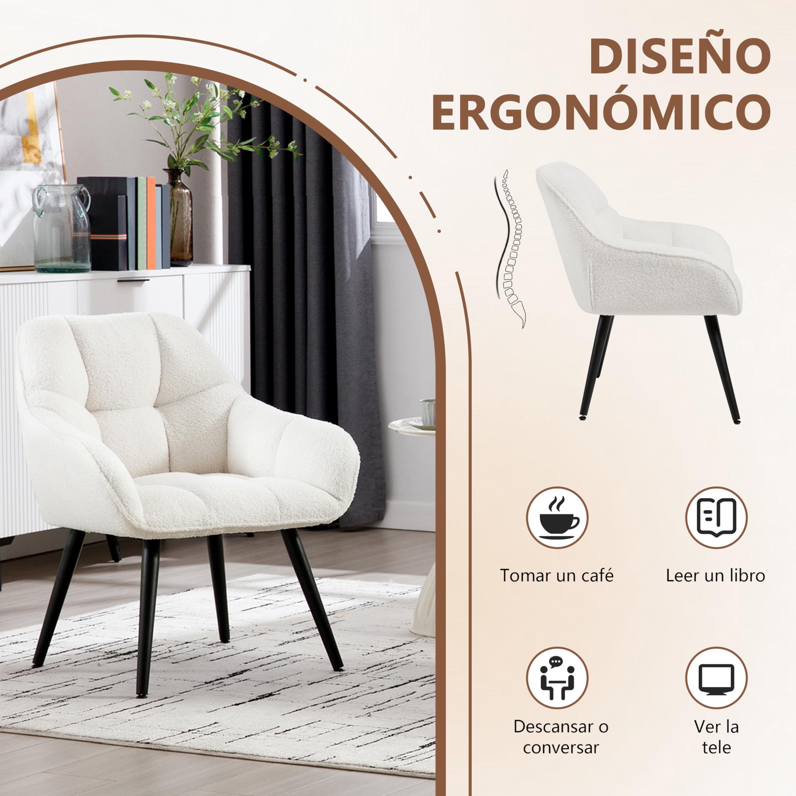 WOLTU Sillón Relax, Butaca Nórdica, Asiento Acolchado Patas de Metal, Crema | Silla Lectura Tapizada de Rizo, Silla Dormitorio con Reposabrazos, Esponja suave, Sillón Moderno para Salón y Dormitorio