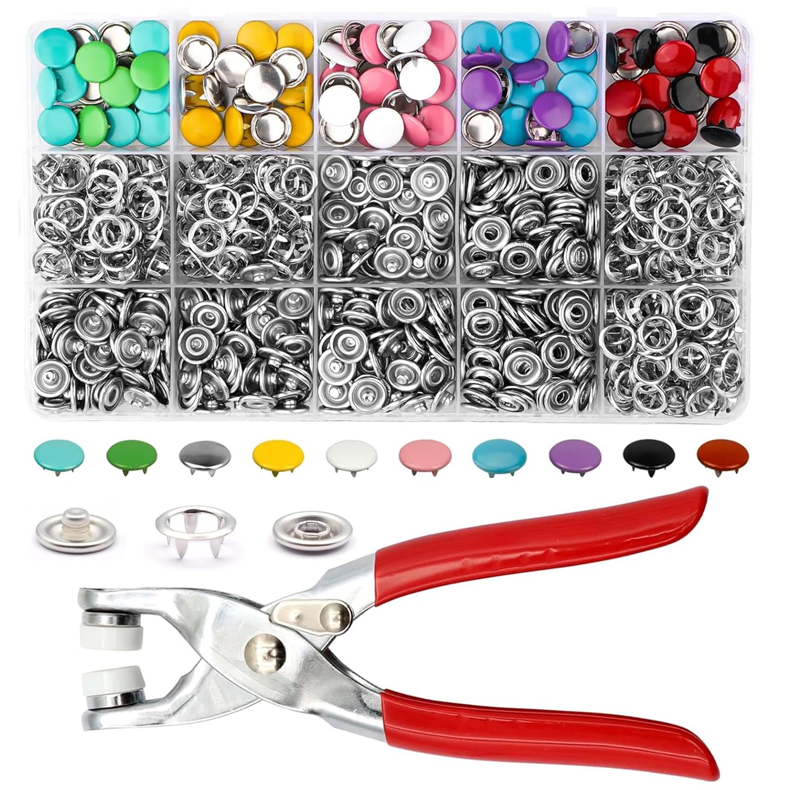 FuYelng 250 Sets Coloured Metal Press Studs with Pliers, 9.5 mm Metal Snap Buttons Tool for Jeans Shirts Handmade