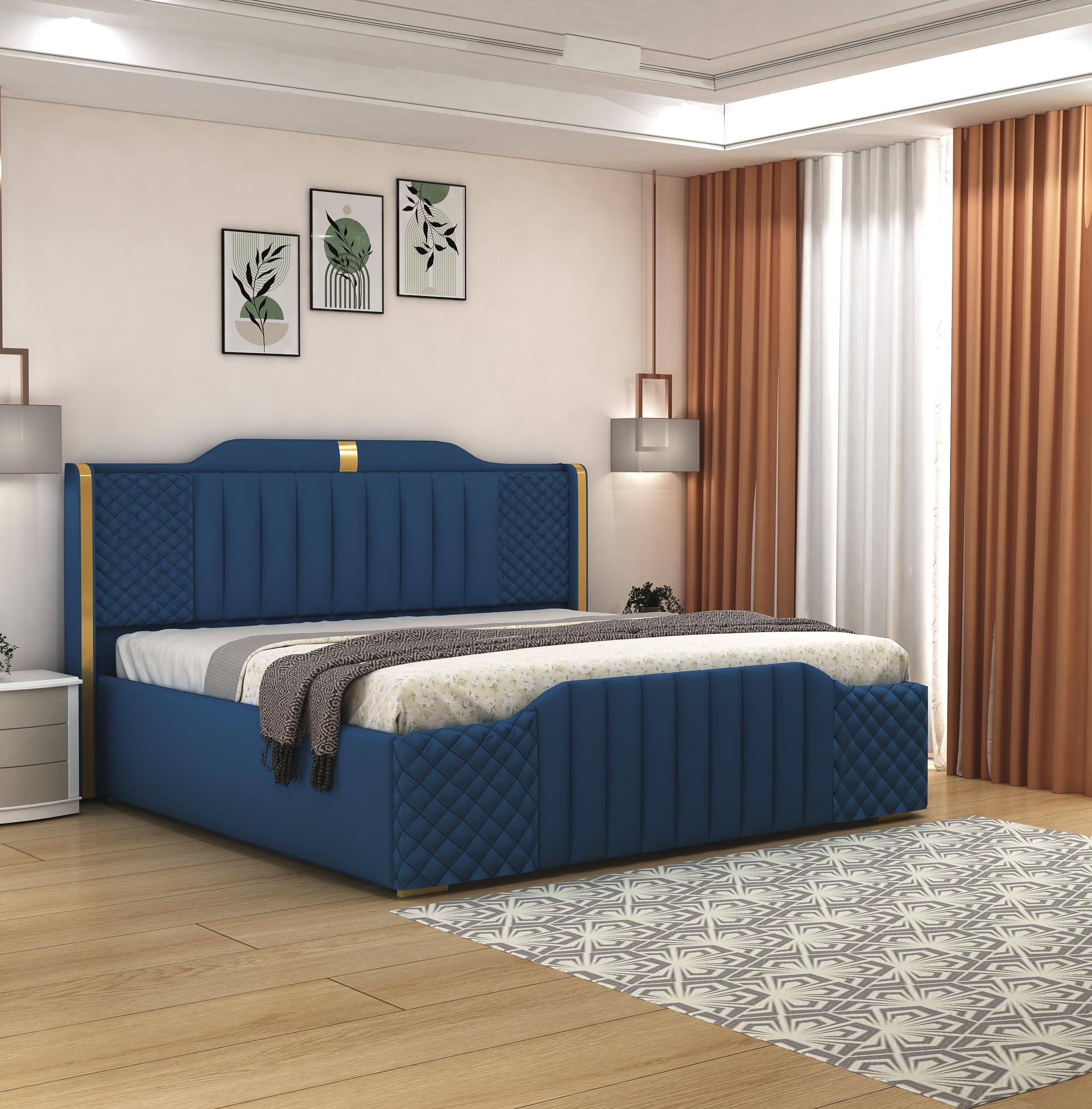 Modern Upholstered Queen Size Bed with Storage | Double Bed with Box Storage & Upholstery Premium Fabric Headboard | Platform Bed for Bedroom & Hotel | Sheesham Wood, Blue | 6.5 x 5 Ft