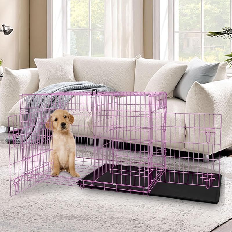 Caixa de Transporte para Cães em Metal Dobrável com Duas Portas, Divisor e Bandeja Removível Rosa Haiput Wam 76,2 cm