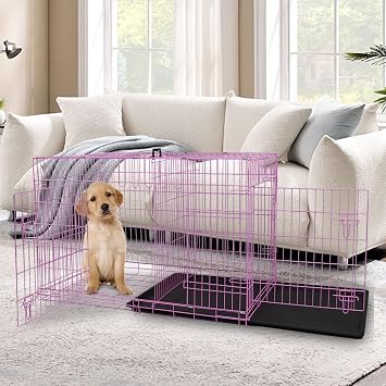 Dog Crate, 24/30/36/42/48 Inch Dog Crates for Small Medium Large Dogs Indoor, Folding Metal Dog Kennel Dog Cage with Double-Door, Divider Panel, Removable Tray, Locks and Handle, 30 Inch, Pink