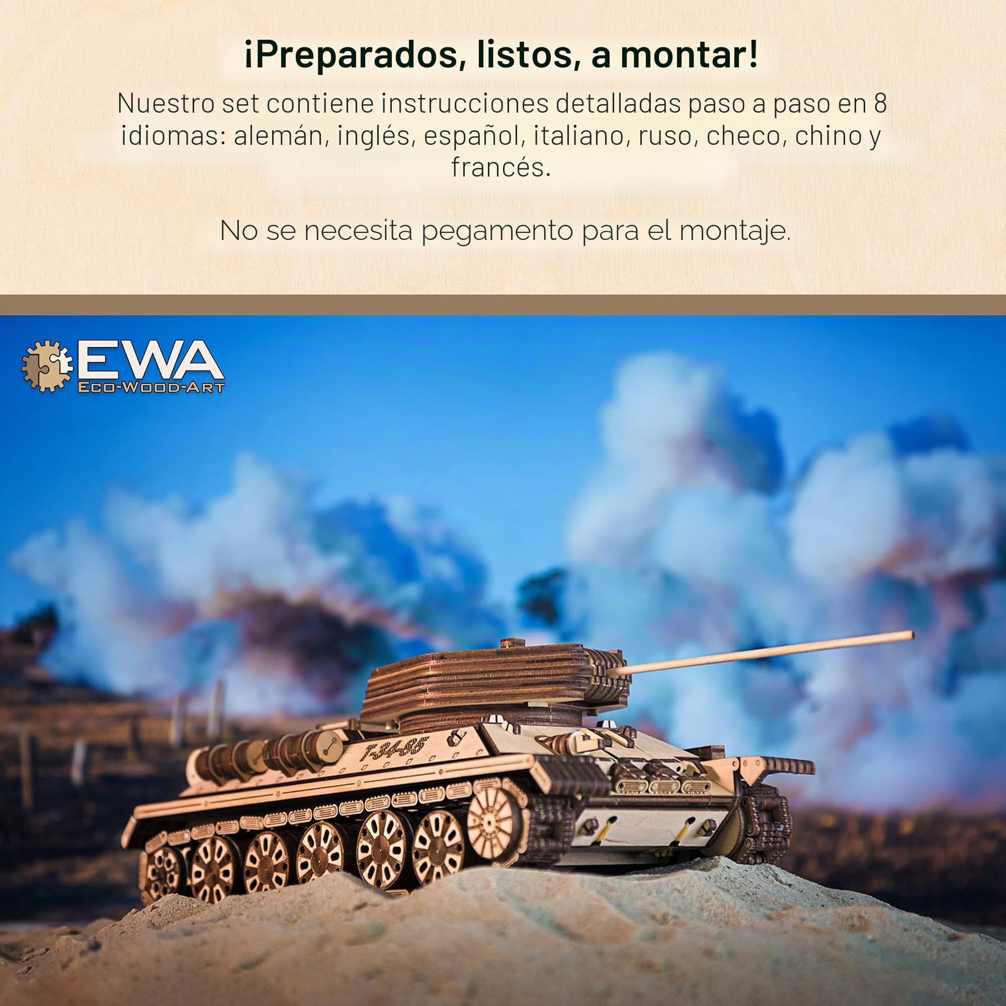 EWA Eco-Wood-Art Tanque T-34-85-Rompecabezas mecánico 3D de madera,Montaje sin pegamento-965 piezas, color naturaleza (Tank T-34-85)