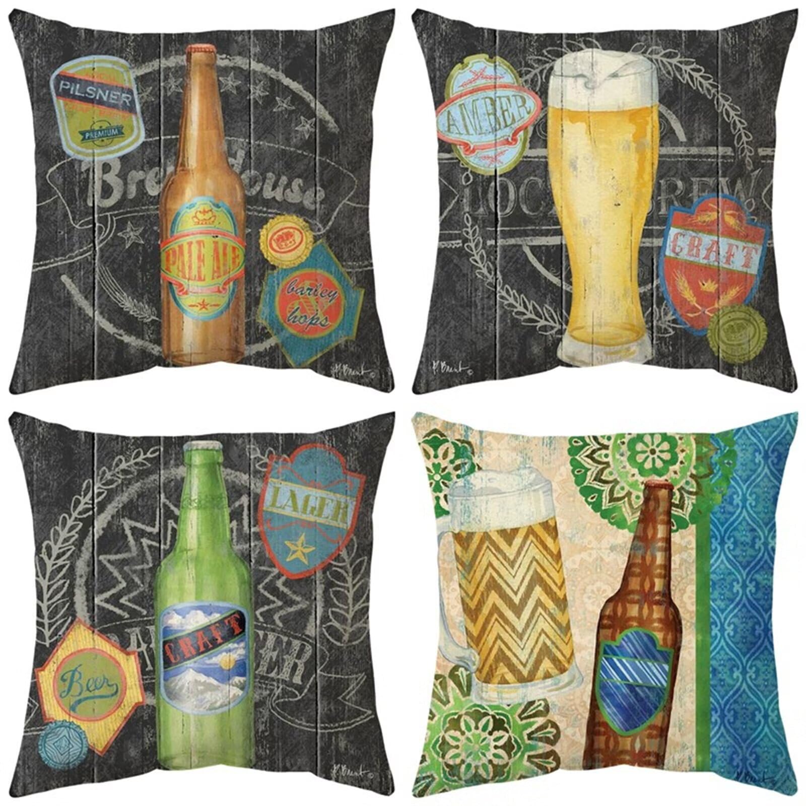 4 PCS Vieille Bière Cuscino 65x65cm per Divano, Piazza Doppia faccia Federe Cuscini, Federe Cuscini da Esterno in Lino con Cerniera Nascosta, Federe Copricuscini per Camera Letto Decorativi Z-8197