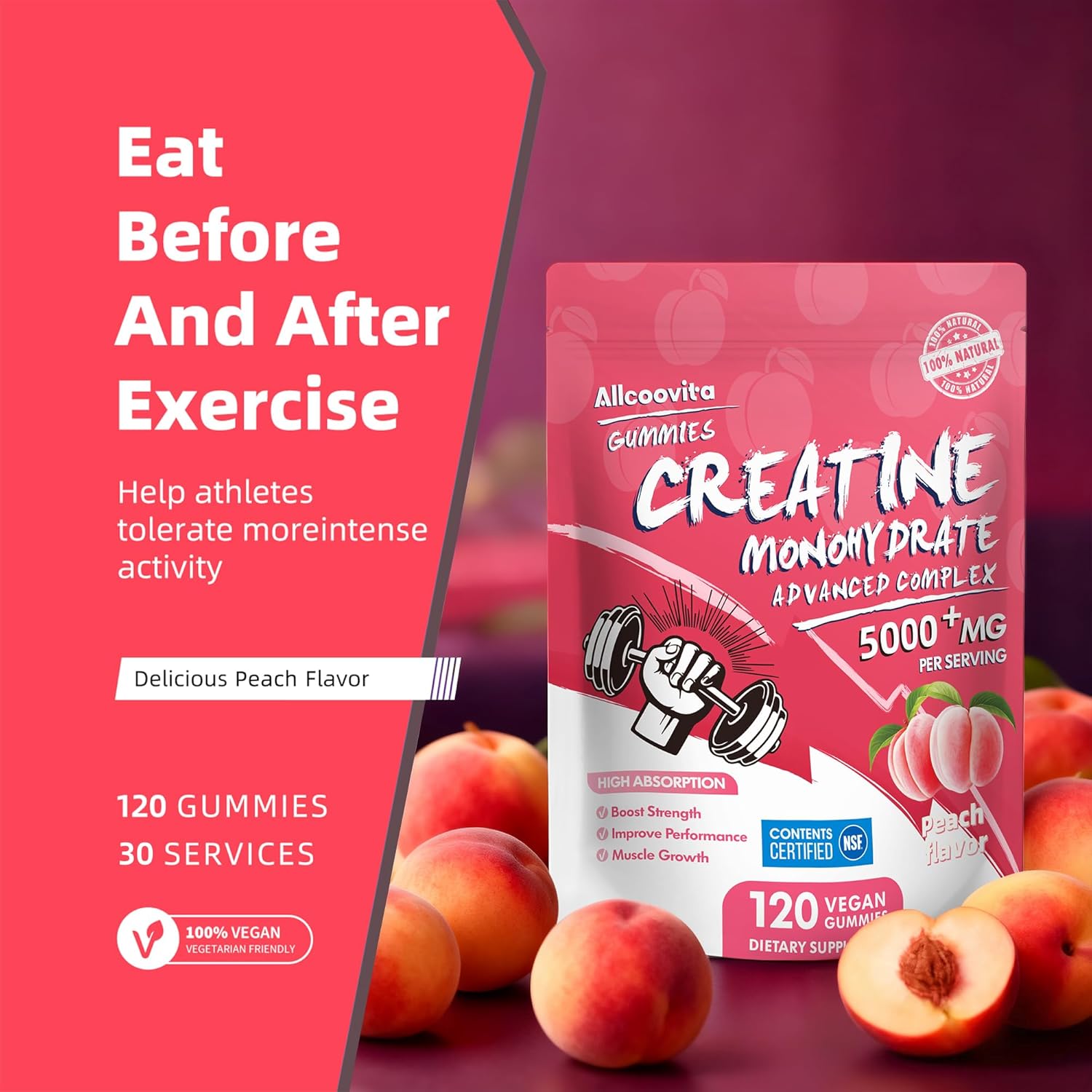 Allcoovita Creatine Monohydrate Gummies 5g for Men & Women. Boost Focus,Strength, and Endurance, Anti-Melting Formula, Vegan, Gluten-Free, Non-GMO,(Peach 120 ct)