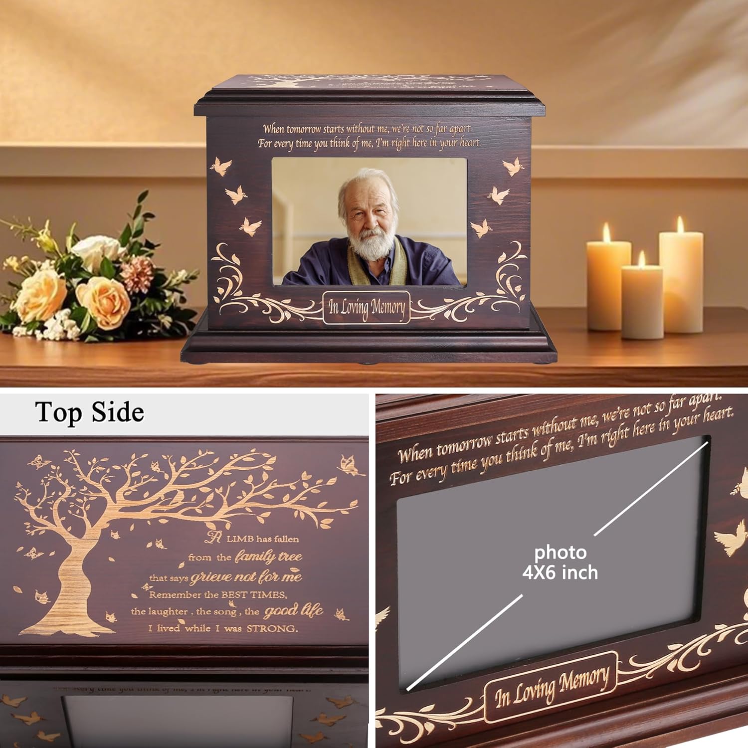 Cremation Memorial Urns for Human Ashes Adult Male Female, Wooden Picture Frame Urns Box and Casket for Men Women Child, Burial Funeral for Ashes, Holds Up to 250 LBS