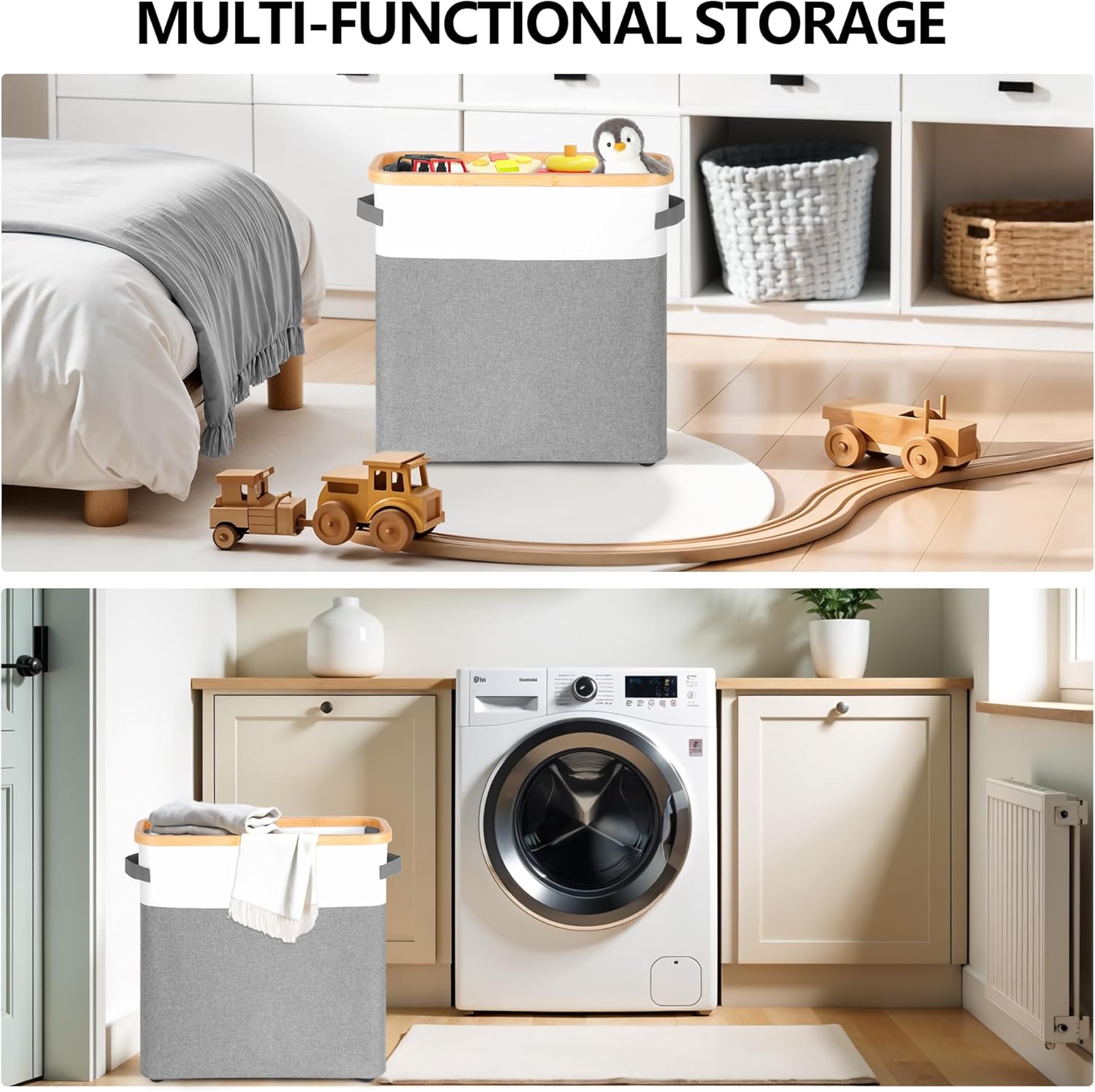 Extra Large Toilet Paper Storage Basket with Lid, 32.4L Toilet Paper Holder for Bathroom, Modern Neutral Style Holds 12–16 Rolls Waterproof & Sturdy with Leather Handles, Grayish White