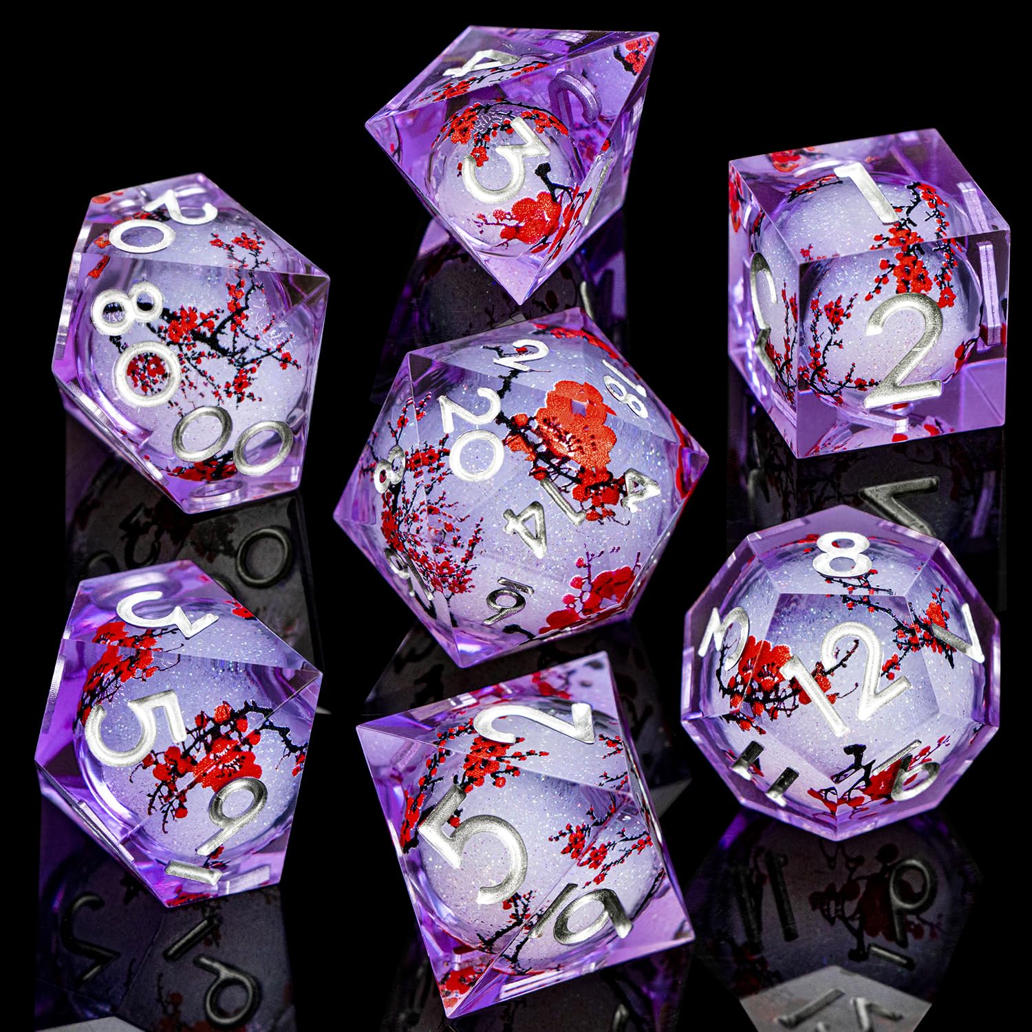 ARUOHHA DND Resin Dice Plum Blossom Liquid Core Purple White Sharp Edge Polyhedral Dice Set including Gift Box - Image 2