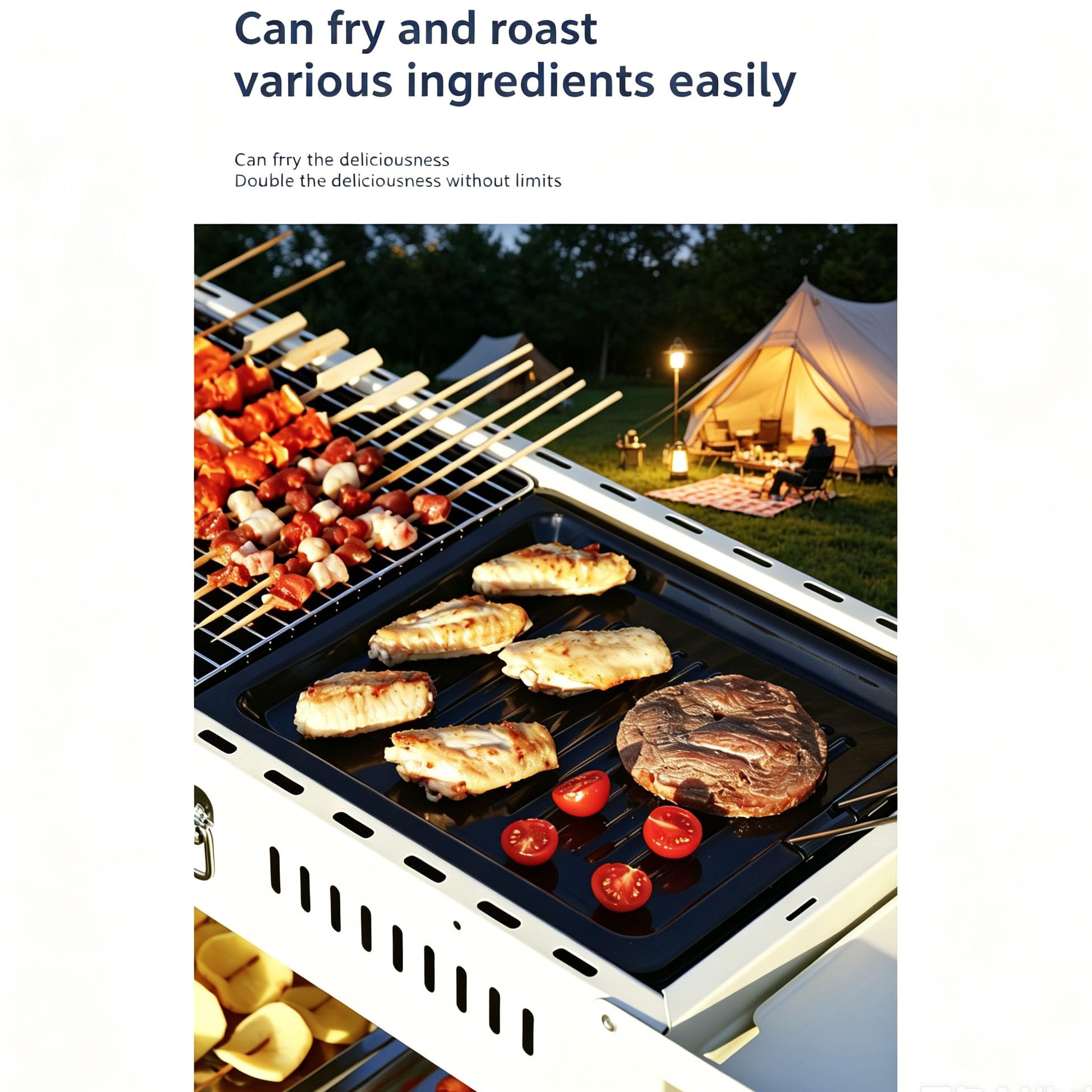 Grill BBQ 2 w 1, składany przenośny grill węglowy z wiatroodporną konstrukcją i tacami do przechowywania na kemping na świeżym powietrzu i do ogrodu