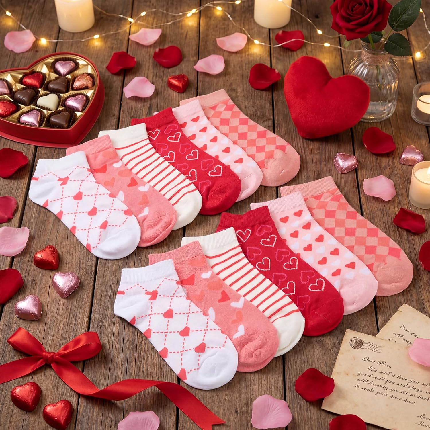 12 Pairs Valentines Gifts for Women Heart Crew Socks Cute Heart White Pink Colorful Crew Socks for Women Couple - Image 6