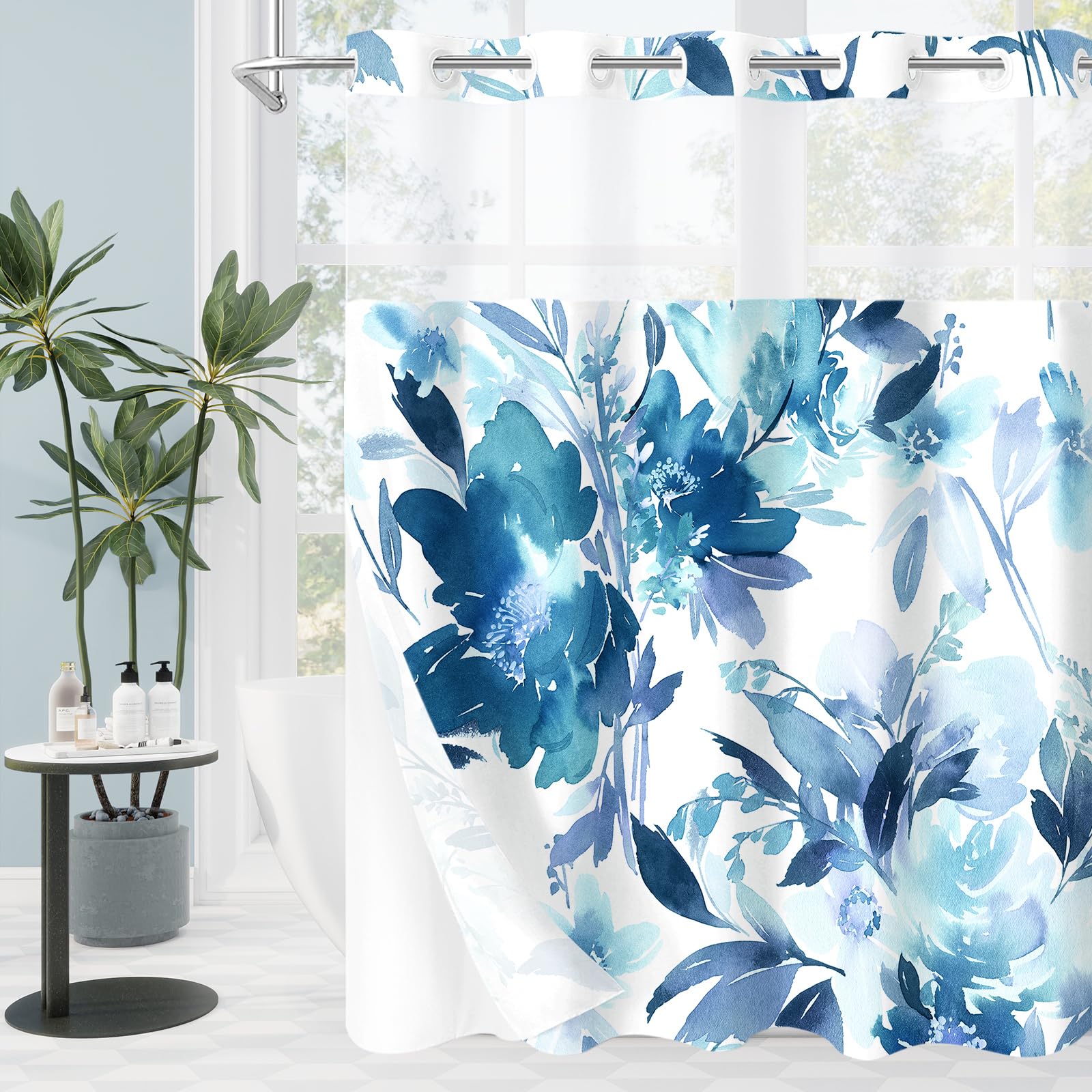 Litabel No Hook Blue Watercolor Floral Shower Curtain and Liner Set, Flower Shower Curtains with Snap in Liner for Summer Bathroom Decor, White Modern