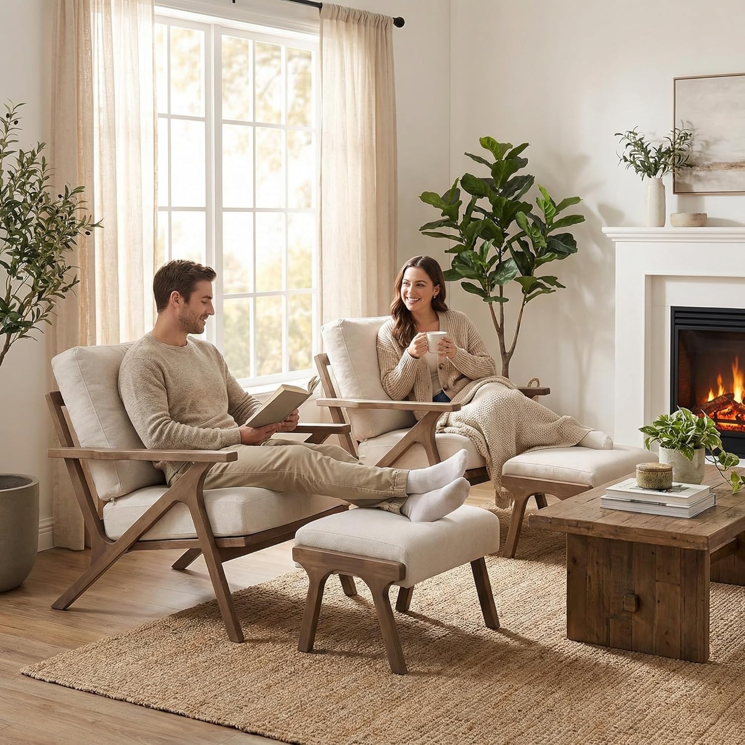 HNY Mid Century Modern Accent Chair, Farmhouse Retro Linen Upholstered Armchair for Living Room Bedroom, 23'' Seat Wide Leisure Slipper Chair with Wood Frame, White