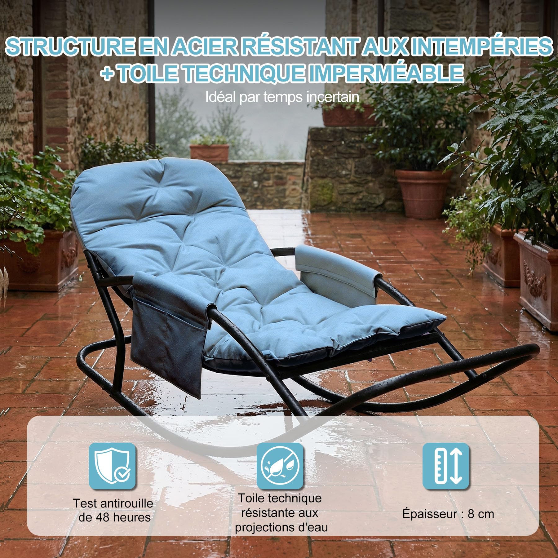 Fauteuil à Bascule Extérieur, Rocking Chair Papasan avec Coussin et Cadre, Cadre en métal Soutien des Pas, pour Chambre, Salon, Terrasse, Jardin,capacité de Charge 120 kg,Tissu Technique