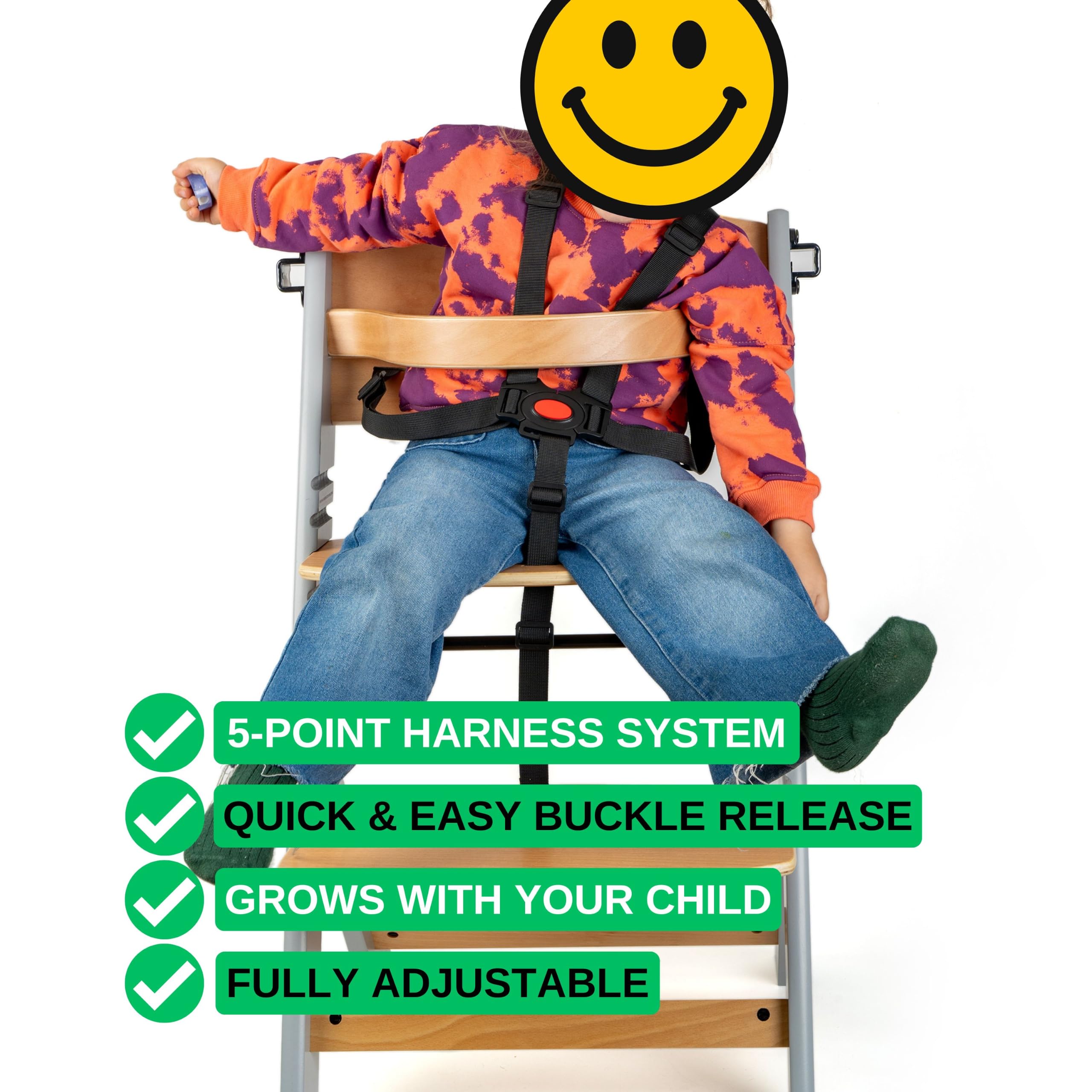 Your Day Mate 5-punktowy system uprzęży do wysokiego krzesełka, 1 zestaw, kompatybilny z BebeComfort, Kinderkraft, Safety 1st i wielu innych, w kolorze czarnym z paskiem krokowym