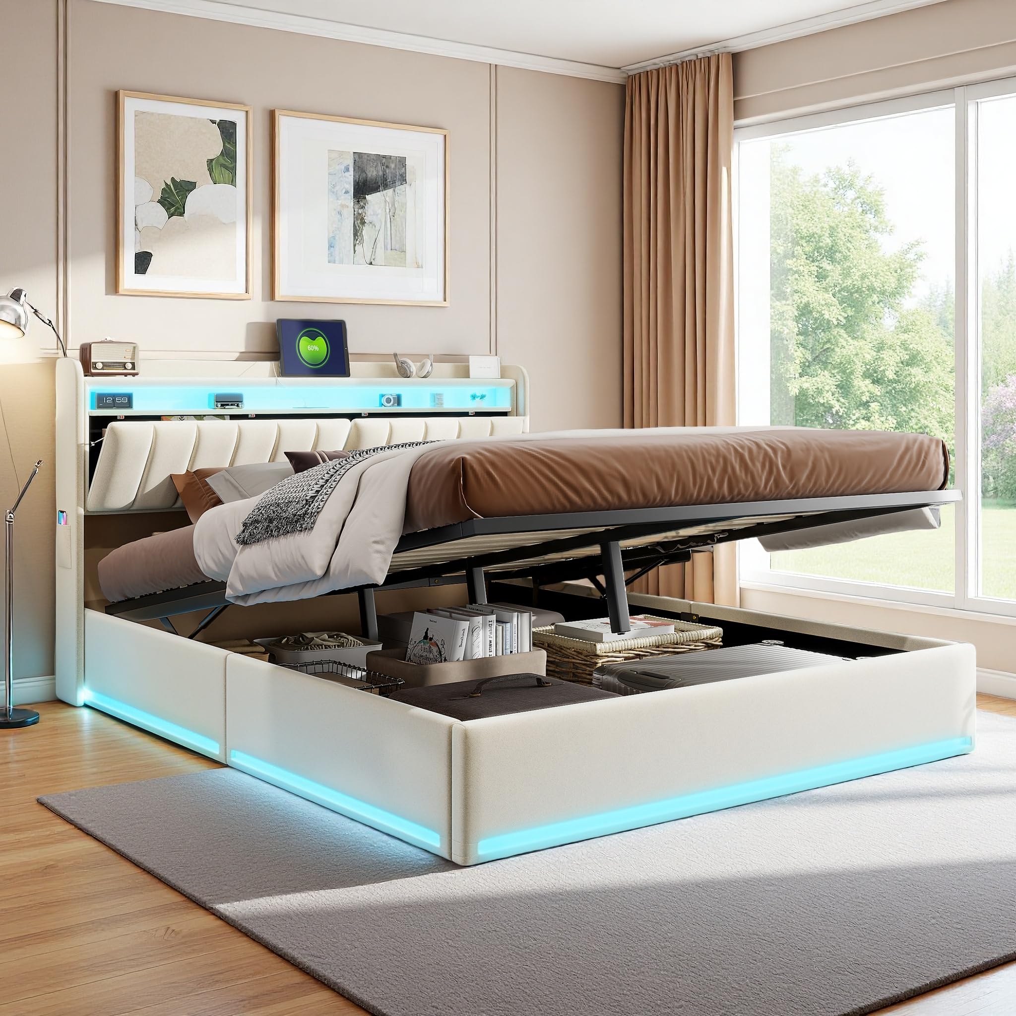 Łóżko bagażowe 160 x 200 cm z LED RGB, hydrauliczne przechowywanie i porty USB, zagłówek ze schowkiem, beżowy aksamit, łóżko pływające bez materaca