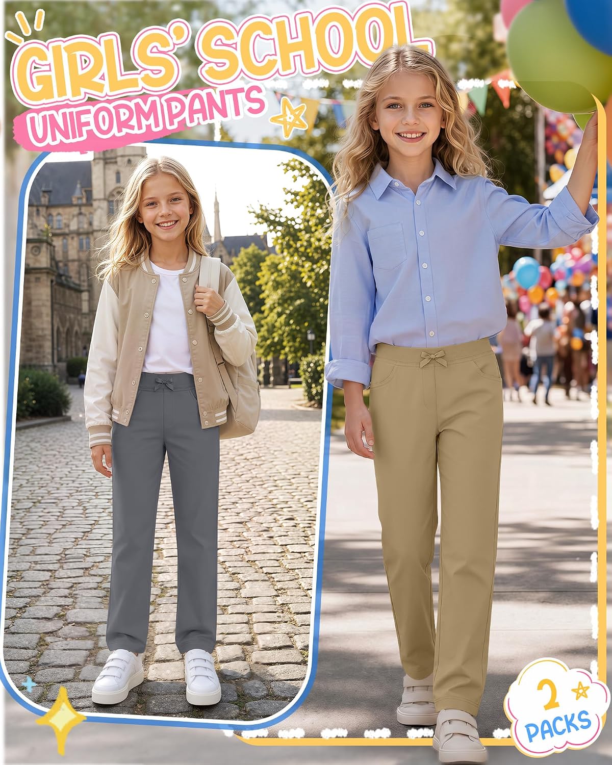 2 Pack Girls School Uniform Pants, 13-14 Years, 2-Color