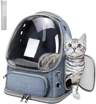 Cat Carrier with Groomer, Breathable Cat Bubble Carrier for Cats or Small Dogs up to 20 lbs, Collapsible Airline Approved, Clear Cat Travel Backpack Blue