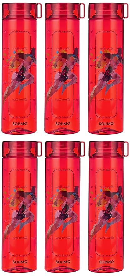 Amazon Brand – Solimo Printed Plastic Bottle Set | Sleek Design | Running & Outdoor | Set of 6 | 1000 ml (Red) at Rs. 336