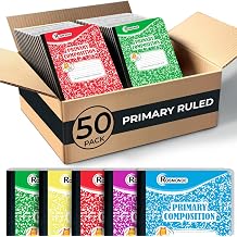 Rosmonde Composition Notebook Bulk, 50 Pack, K-2 Primary Ruled, 100 Sheets | Bulk Drawing and Writing Primary Journals, 200 Pages, Grades K-2, Bulk School Supplies, Hard Cover With Assorted Colors