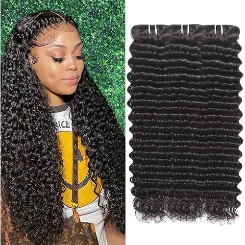 12A Deep Wave Human Hair Bundles 18 20 22 Inch Curly Bundles Human Hair 100% Unprocessed 3 Bundle Brazilian Virgin Human Hair Extensions Quick Weave Natural Black Color