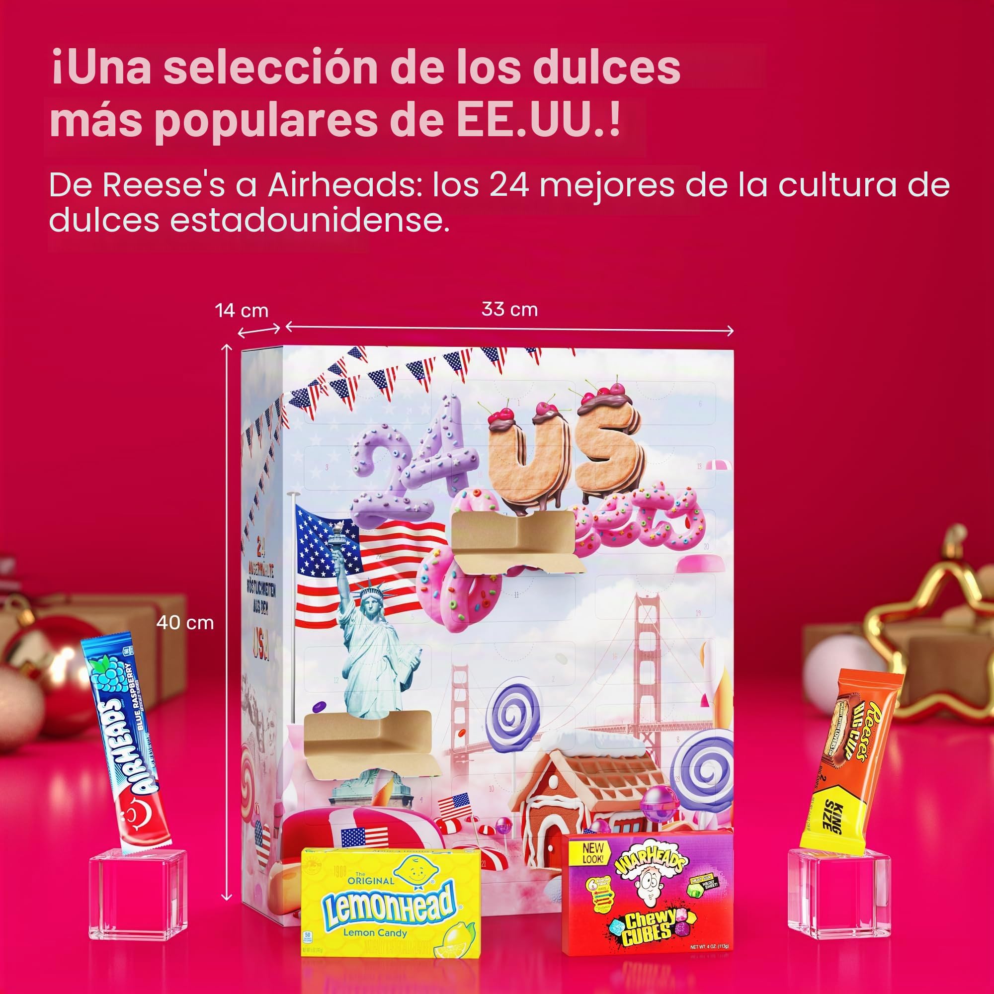 BOXILAND® Calendario de Adviento USA 2025 con dulces americanos [ORIGINAL US CANDY] – Para niños, mujeres y hombres – Calendario de Adviento de US Sweets – Golosinas típicas de Estados Unidos