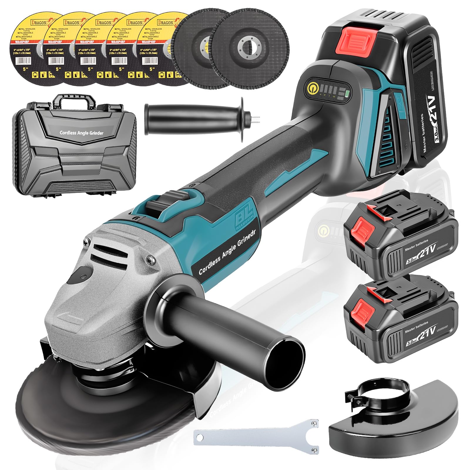 Smerigliatrice Angolare a Batteria 125 Compatibile con Batterie Makita 18V, Flessibile con Batteria 2x3.0Ah 9000 Giri/min, con 5 Dischi da Taglio & 2 Dischi Lamellari per Tagliare, Lucidare