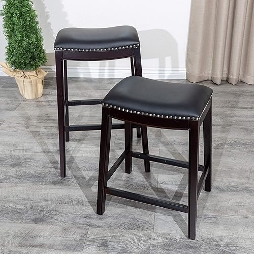 Miniatura 8 de DTY Indoor Living Durango - Taburete de cuero regenerado, taburete de mostrador de 24 pulgadas, acabado espresso, asiento de cuero negro Acabado