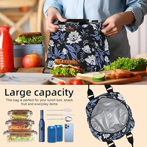Miniatura 6 de PBRO Lonchera térmica para mujeres, bolsa de almuerzo reutilizable de amplia apertura con cinturón de hombro ajustable, bonito bordado floral,