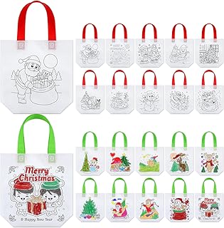Abbylike 100 Pcs Christmas Color Your Own Bag Christmas Reusable Party Favor Bags Christmas Party Goodie Bags Christmas Coloring Goodie Bags Christmas Return Gift Bags for Kids DIY Painting, 10 Styles