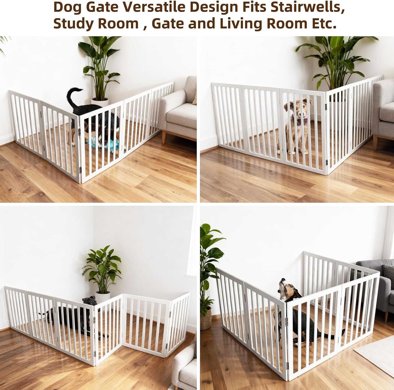 ZJSF Freestanding Indoor Dog Gate for House Foldable Wood White Puppy Gate for Doorways Pet Gate for Stairs Extra Wide Pet Fence 32" Height 6 Panels
