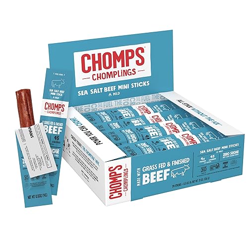 Chomps Snack Size Grass-Fed and Finished Sea Salt Beef Jerky Snack Sticks 0.5oz 24-Pack - Keto, Paleo, Whole30, 4g Lean Meat Protein, Gluten-Free, Zero Sugar Food, Non-GMO Chomplings - Sea Salt Beef
