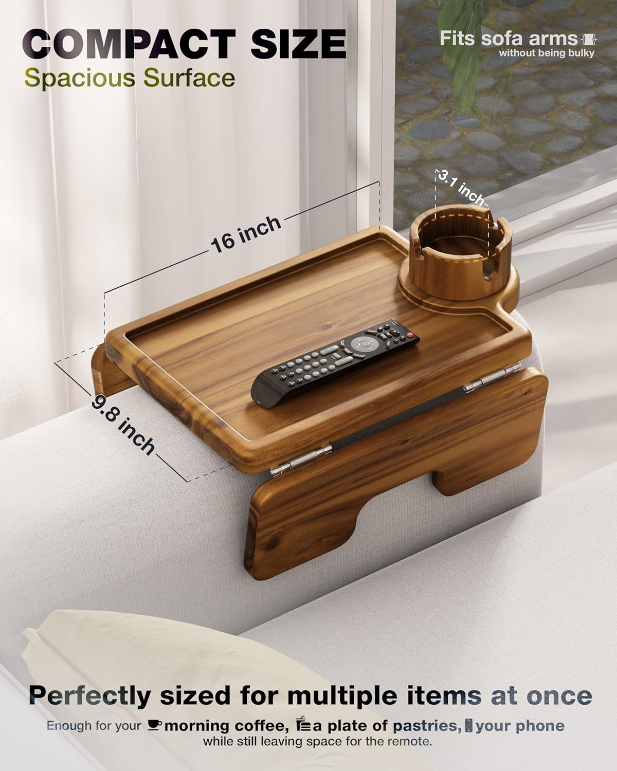 BLUEWEST Couch Cup Holder Tray & Sofa Arm Tray – Large 2-in-1 Acacia Wood Clip-On Side Table with 360° Cup Holder on Armrest, Double SS304 Hinges, Non-Slip for TV Dinners, Remote, Drinks & Snacks