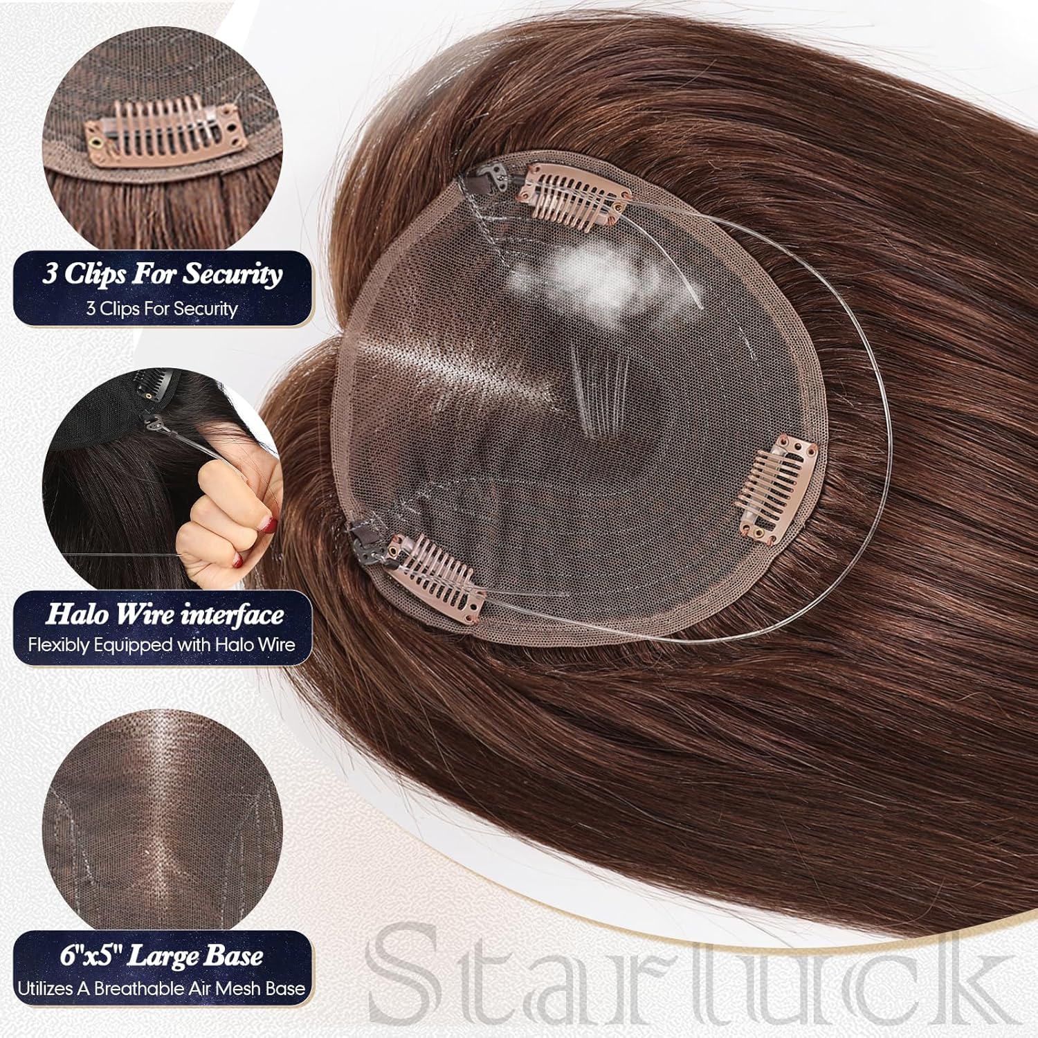 starluck Real Human Hair Toppers 6"x5" SilkHug & Swiss Base (60g) Brown with Thinning Hair Topper no Bangs-14 Inch
