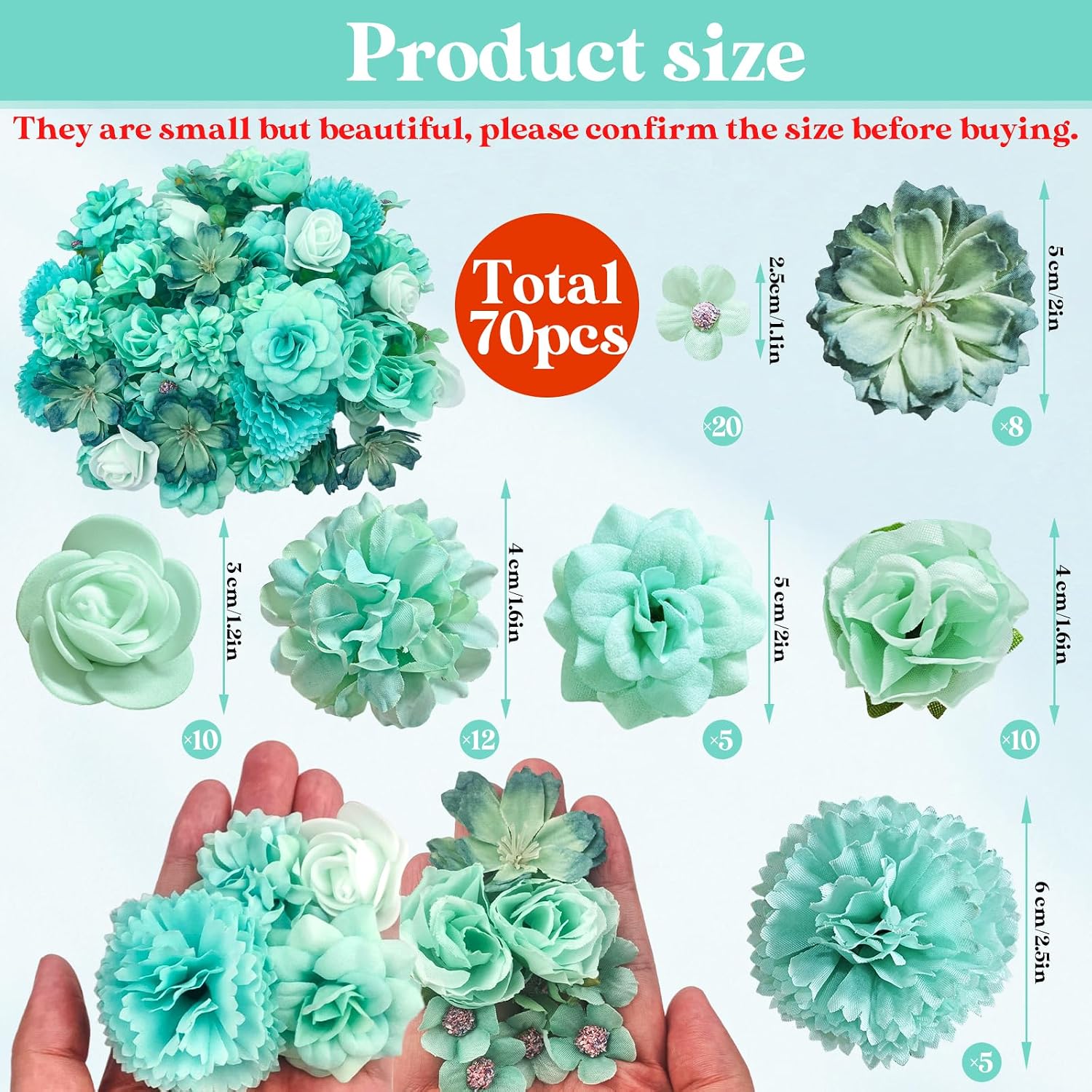 QUOZUO 70 pcs Mini Artificial Flowers Heads Mint Green Silk Peony Daisy Rose Bulk Mix Flower Heads Faux Rose for Crafts Graduation Wedding Baby Shower DIY Home Party Decoration image 2