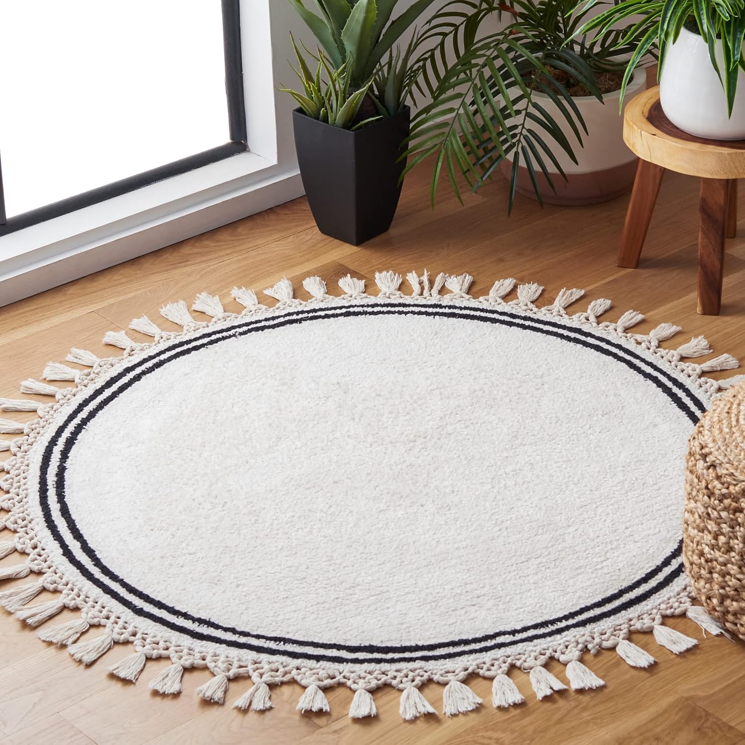 SAFAVIEH Washable Rug Easy Care Collection - 3' Round, Teal & Ivory, Handmade Cotton, Easy to Clean, Ideal for Foyer, Entryway, Kitchen, Bedroom (ECR201J)