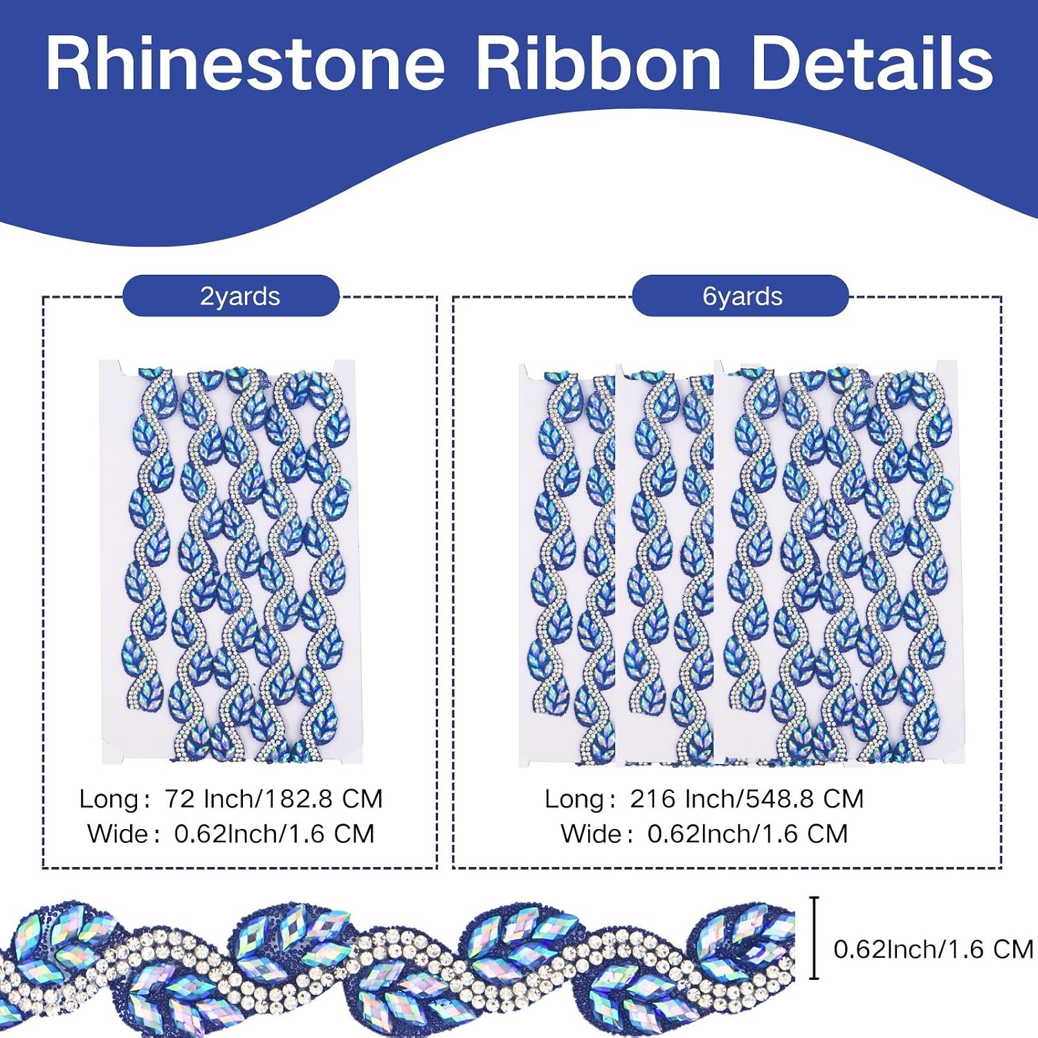 PEARLY JUN 2 Yards Blue Crystal Rhinestone Ribbon Self Adhesive Rhinestone Strips Bling Tape Diamond Ribbon Jewels Tape Rolls Bedazzling Strips DIY for Christmas Party Phone Wedding Cake