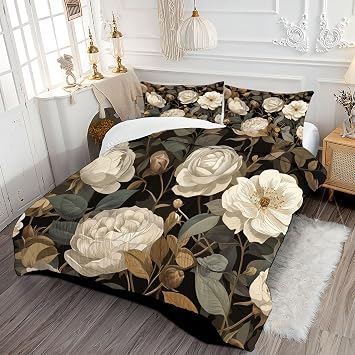 White Rose Comforters King Size - Art Nouveau Down Alternative Comforter for All Season, Ultra-Soft Duvet with Pillow Shams, Lightweight & Warm Bedding, Olive Green