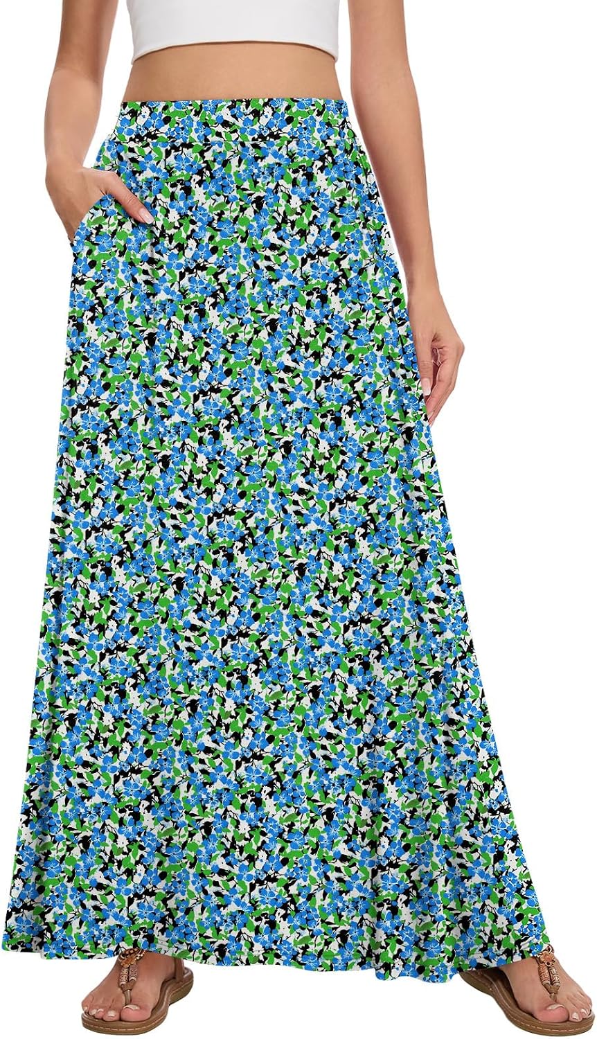 Womens Maxi A-line Long Skirt Casual 2026 Elastic High Waist Flowy Skirts with Pockets