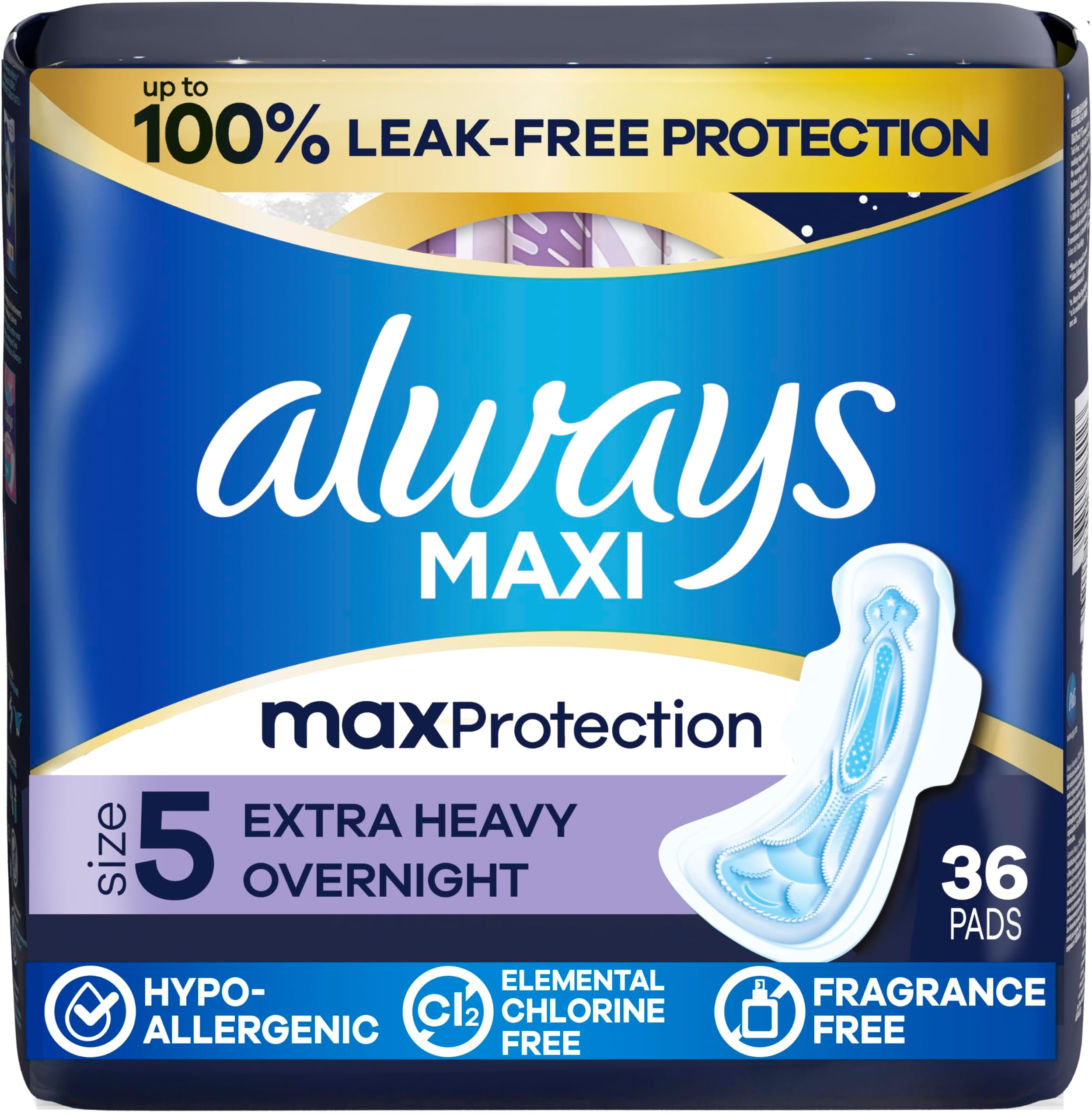 Always Maxi Overnight Pads with Wings for Women, Size 5, Extra Heavy Overnight Absorbency, Unscented, 36 Count