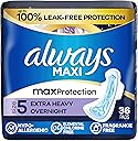 Always Maxi Overnight Pads with Wings for Women, Size 5, Extra Heavy Overnight Absorbency, Unscented, 36 Count