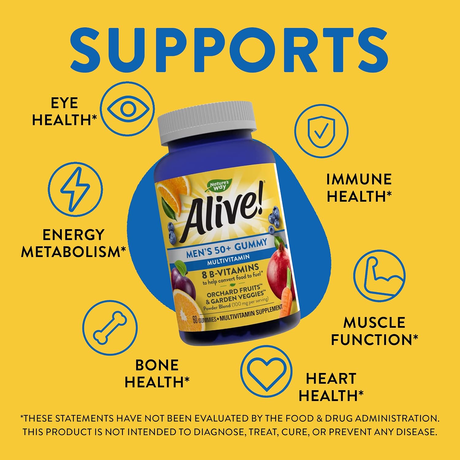 Nature’s Way Alive! Men’s 50+ Gummy Multivitamins, Supports Multiple Body Systems, Supports Cellular Energy, B-Vitamins, Gluten-Free, Vegetarian, Fruit Flavored, 60 Gummies
