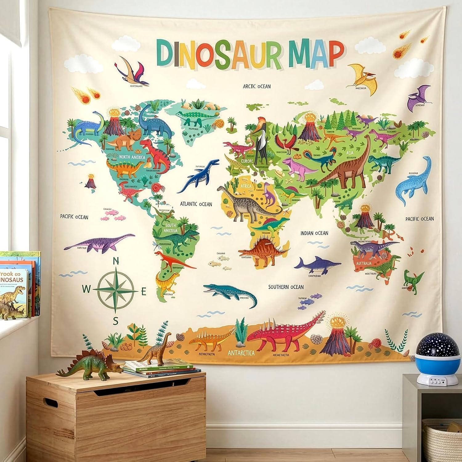 DECOWALL TP-012 Dinosaur World Map Tapestry 60''x50''(150x130cm) Poster for Kids Educational learning Wall Hanging for Bedroom Living Room Nursery Dorm Home Décor art classroom office