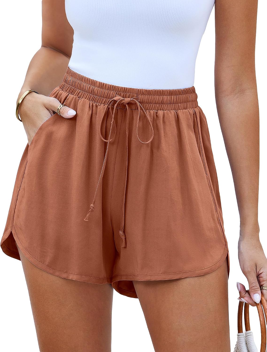luvamia Summer Shorts for Women Trendy High Waisted Casual Pull On Elastic Waist Drawstring Shorts with Pockets Beach