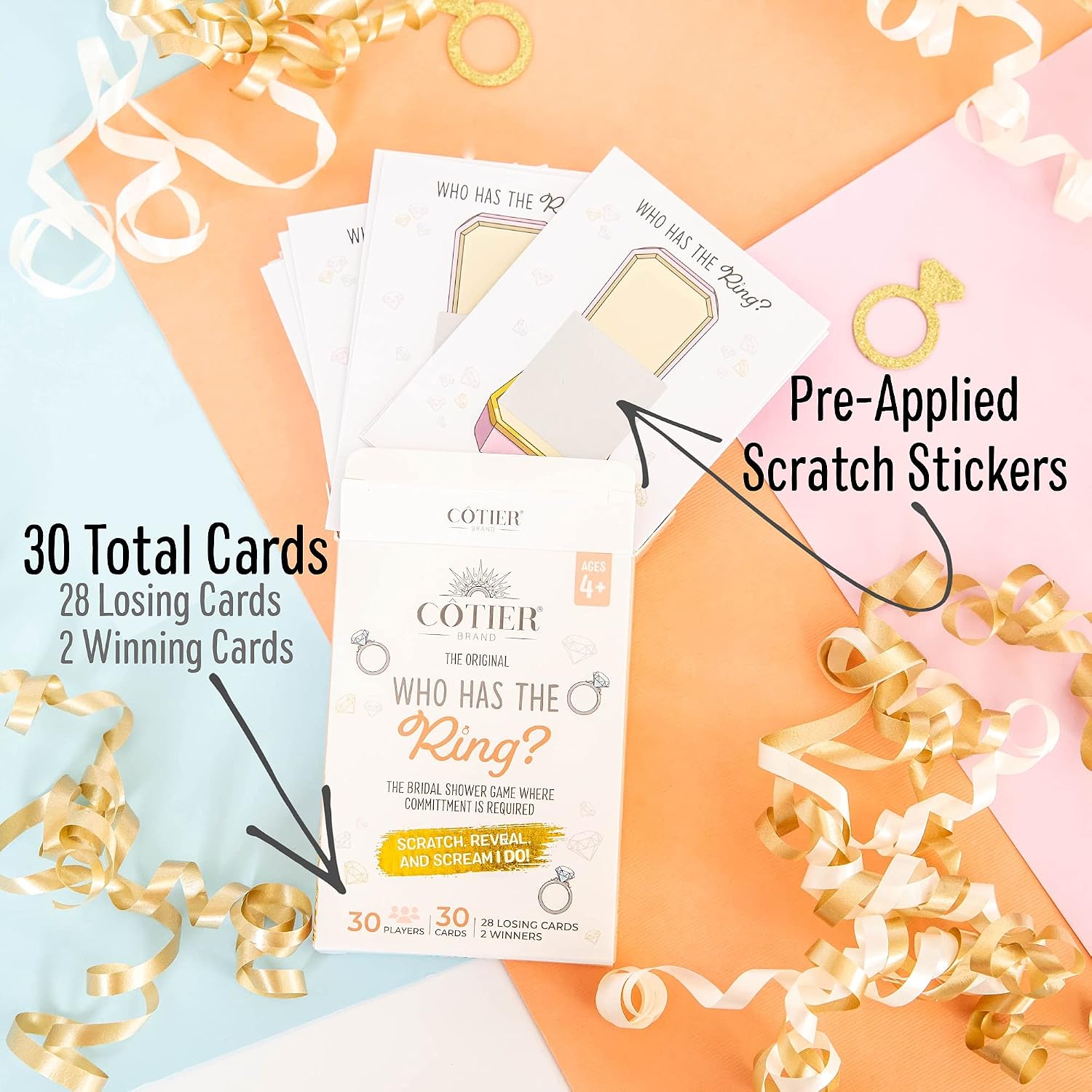 Cotier Who Has The Ring Bridal Shower Game - Funny Scratch Off Lottery Ticket Cards - 2 Winners - Wedding Shower or Engagement Party, Bachelorette Party Favors and Decorations - Party Game - 30 Pack
